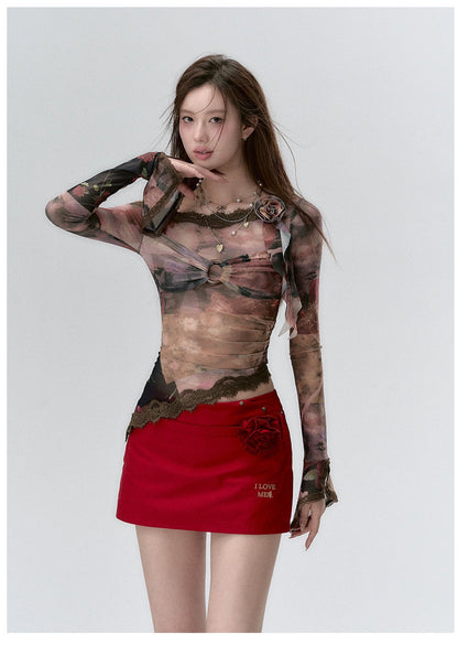 &quot;I LOVE ME&quot; Embroidered Rose Belt A-Line Mini Skirt
