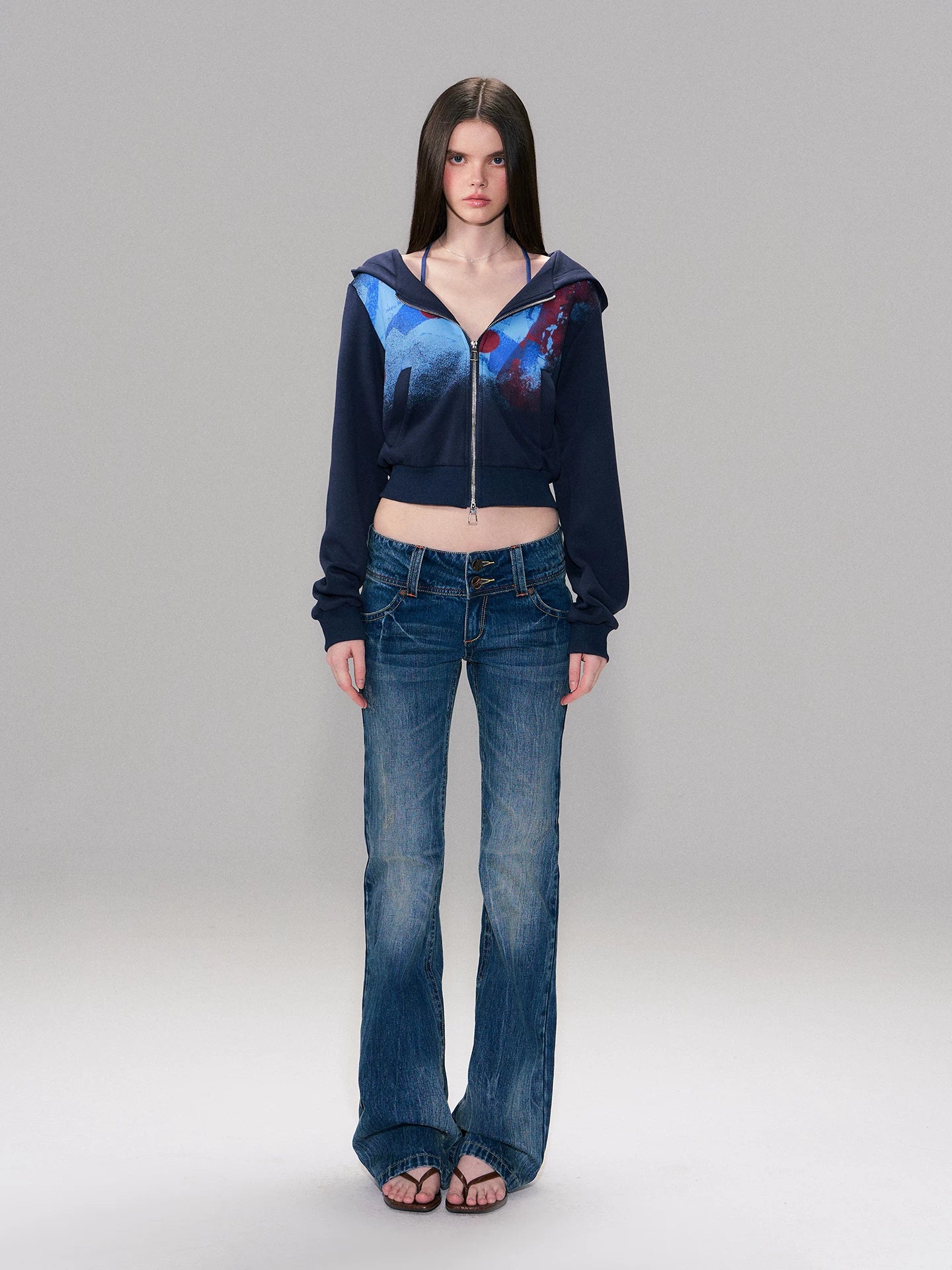 Dark Blue Vintage Hand-Brushed Flare Jeans