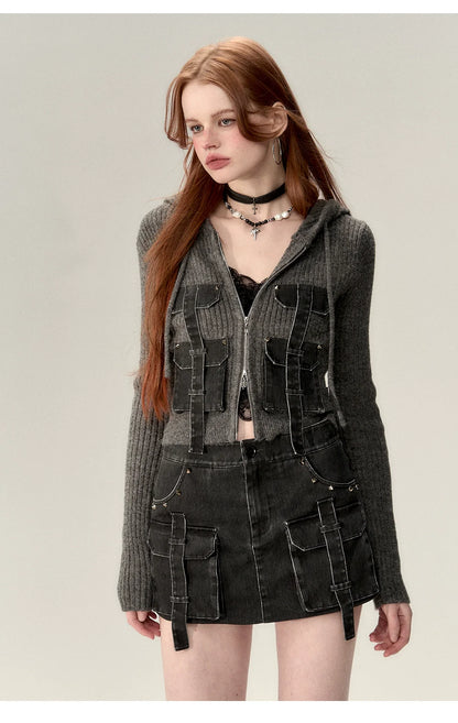 Coffee &amp; Gray Patchwork Drawstring Cardigan