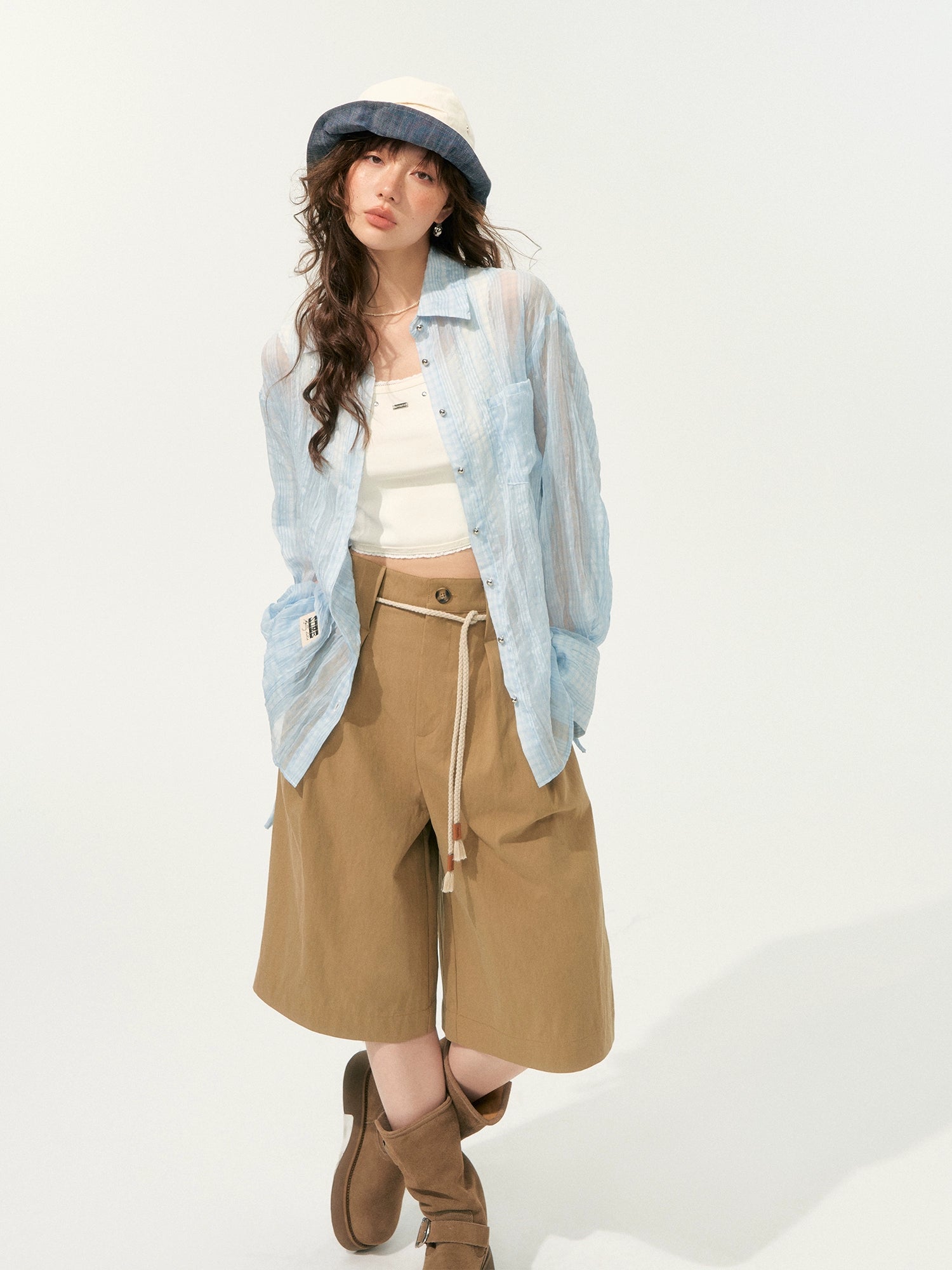 Khaki Simple 3D Pleated Shorts