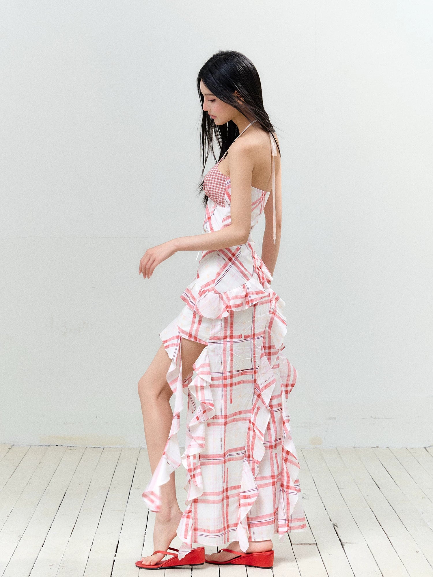 Contrast Plaid Ruffle Hem Tie Dress