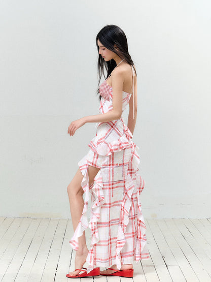 Contrast Plaid Ruffle Hem Tie Dress