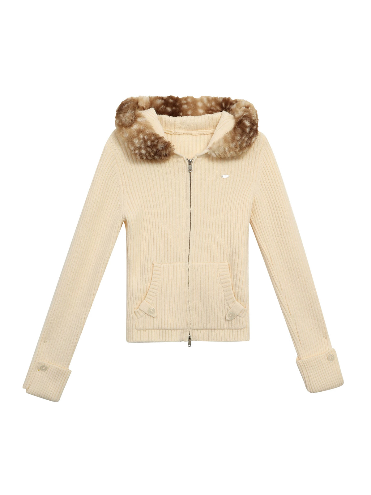 Fawn Fur Collar Ribbed Knit Cardigan