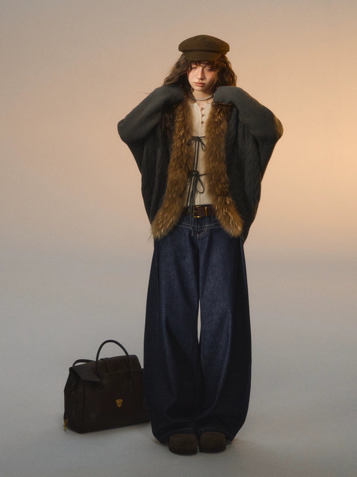 Tie Batwing Fur Collar Sweater