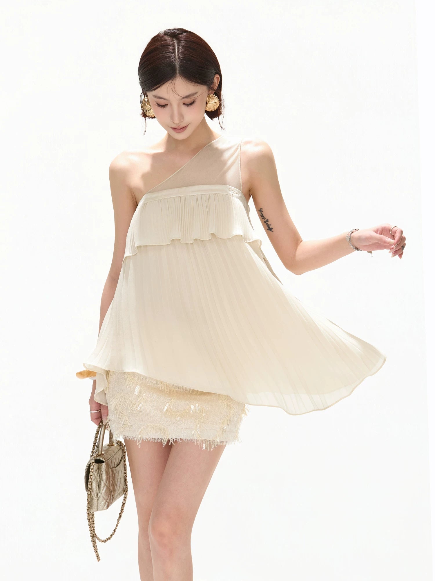 Asymmetric Chiffon Pleated Top