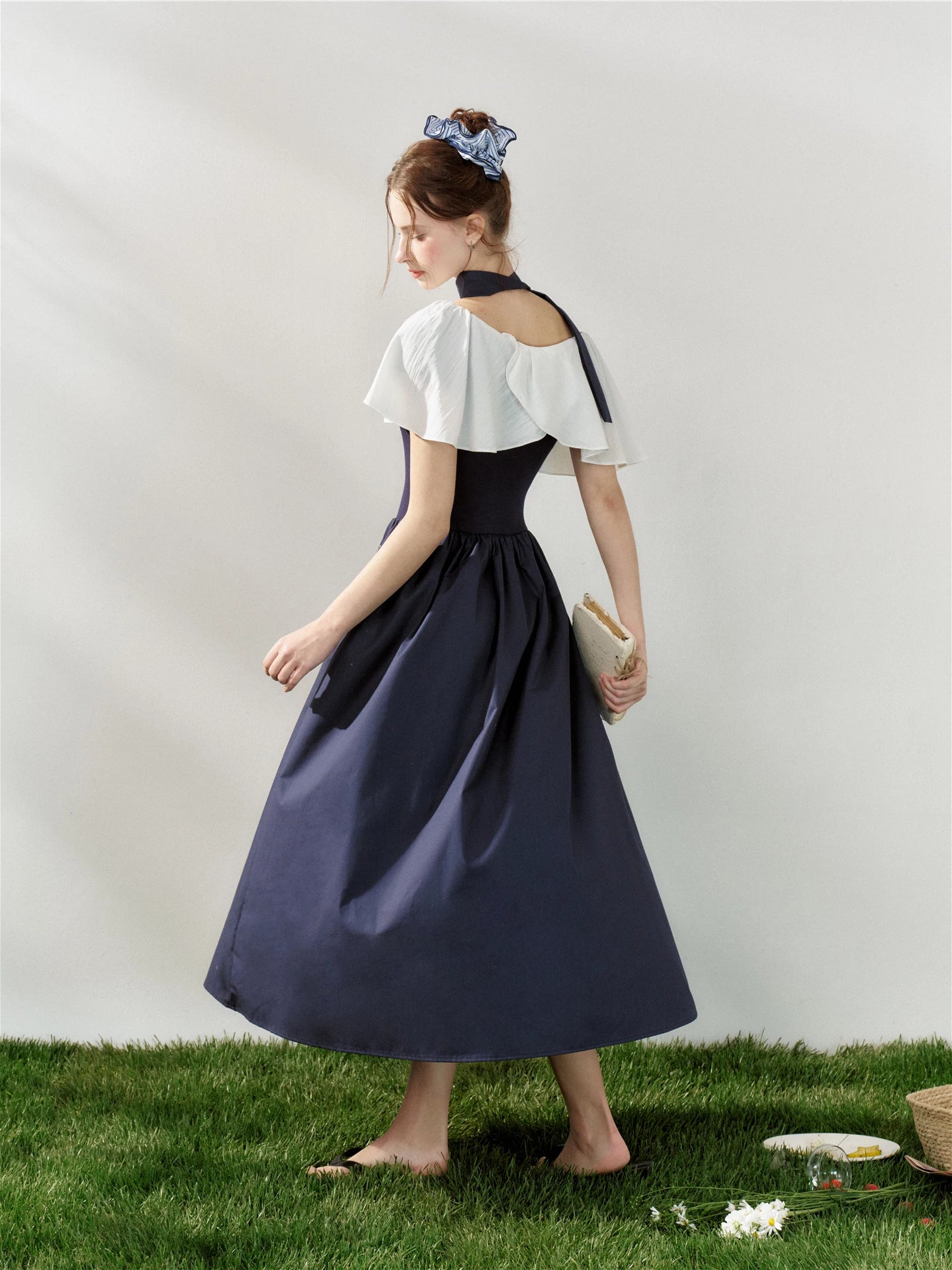Navy Blue Cape Tie Mdi Dress