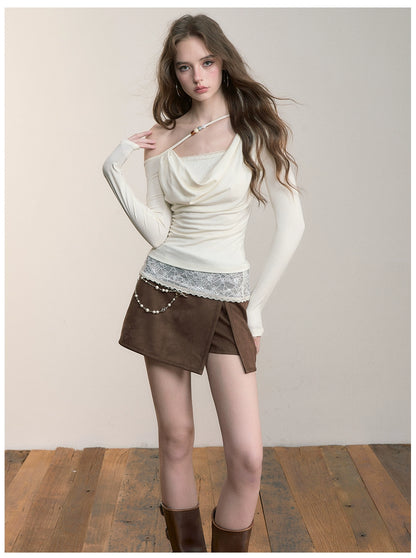 Brown Side-Slit Faux Suede Skort