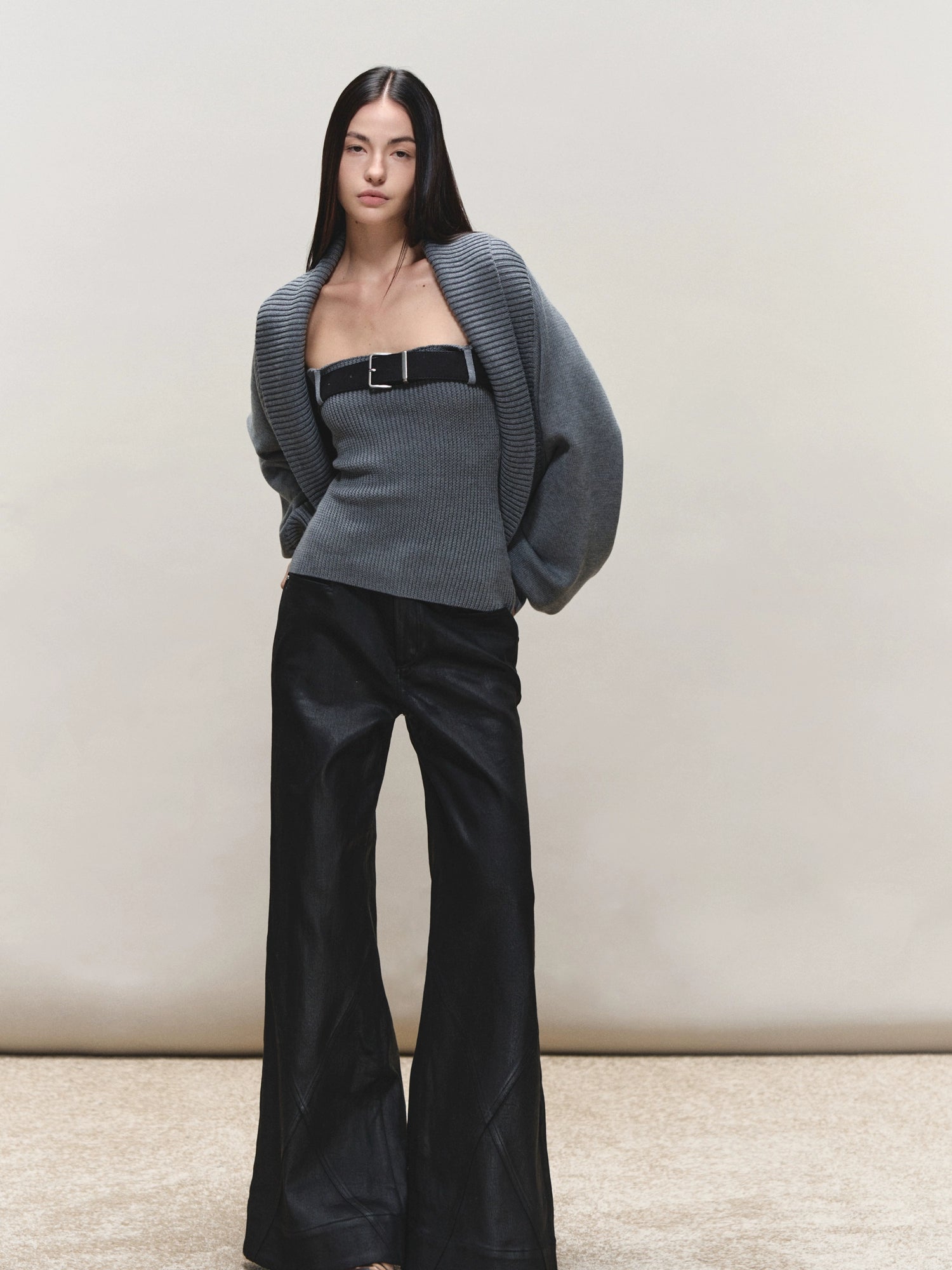 Coated Straight Wide-Leg Pants