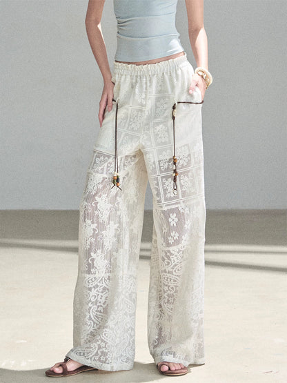 White Lace Hollow Wide Leg Pants