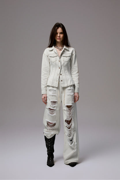 Distressed White Structured Denim Jacket