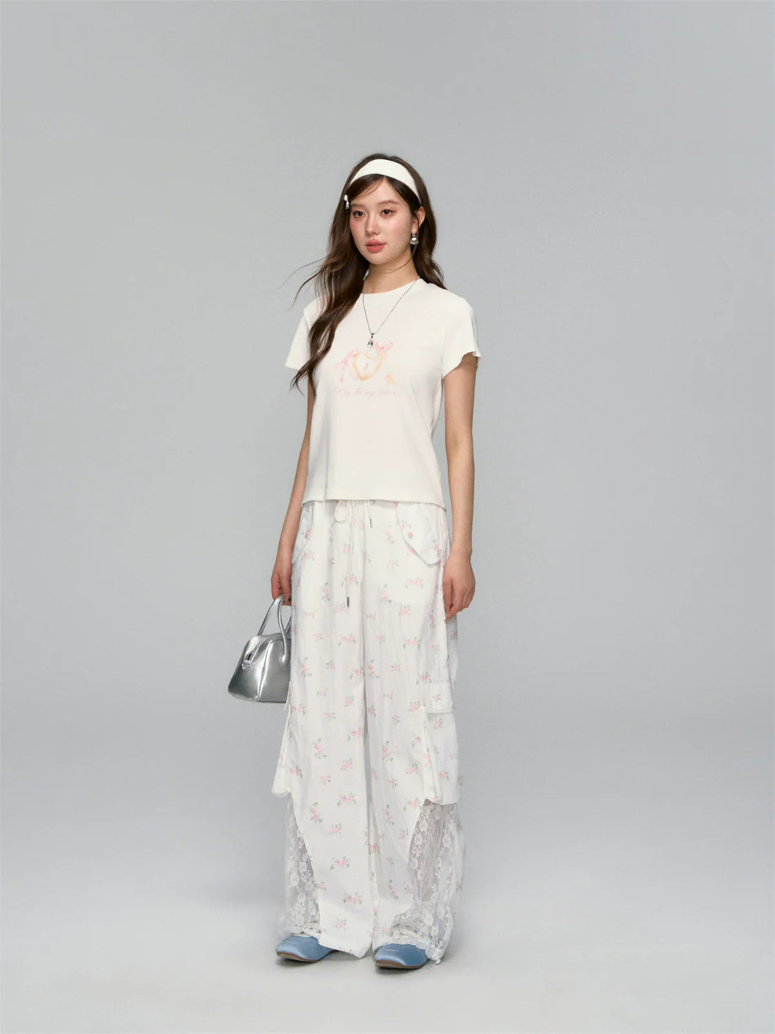 Hollow-Out Patchwork Floral Straight-Leg Pants
