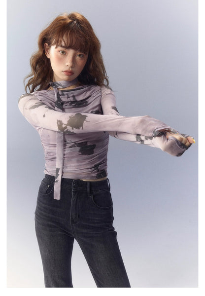 Purple Rose Printed Mesh Long Sleeve T-shirt