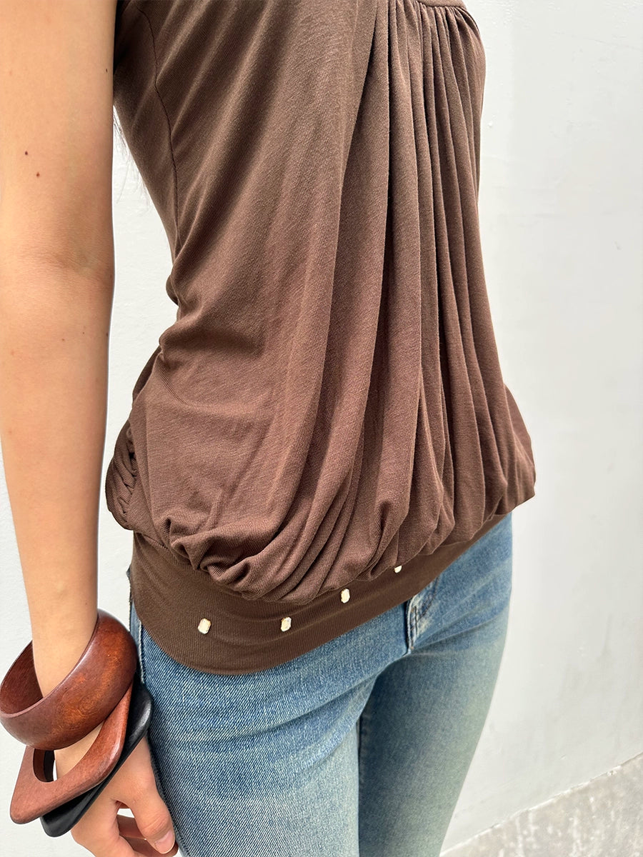 Brown Rhinestone Pleated Cross-Back Cami