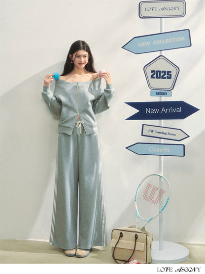 Off-Shoulder Zip-up Sweatshirt &amp; Pants Set
