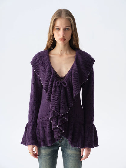 Two-Tone Openwork Ruffle Longline Cardigan