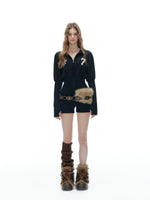 Black Waist-Cinching Casual Sports Sweatshirt