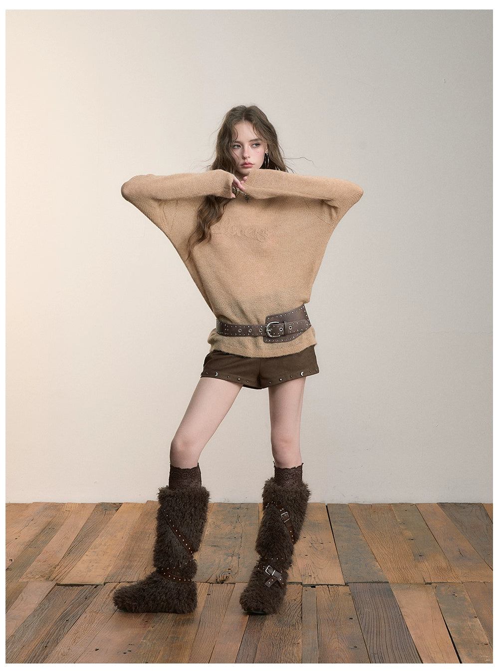 Brown Studded Faux Suede Shorts
