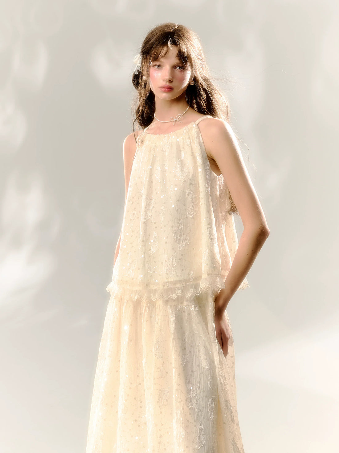 White Butterfly Lace Halter Top  & Midi Skirt Set