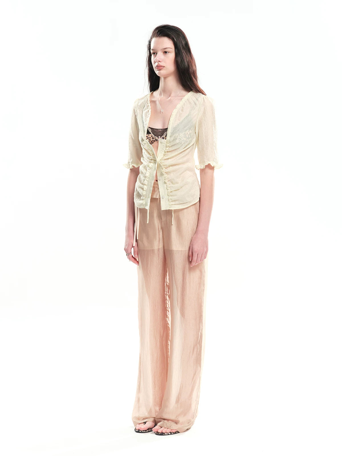 Ruched Tie Lace Trim Shirt