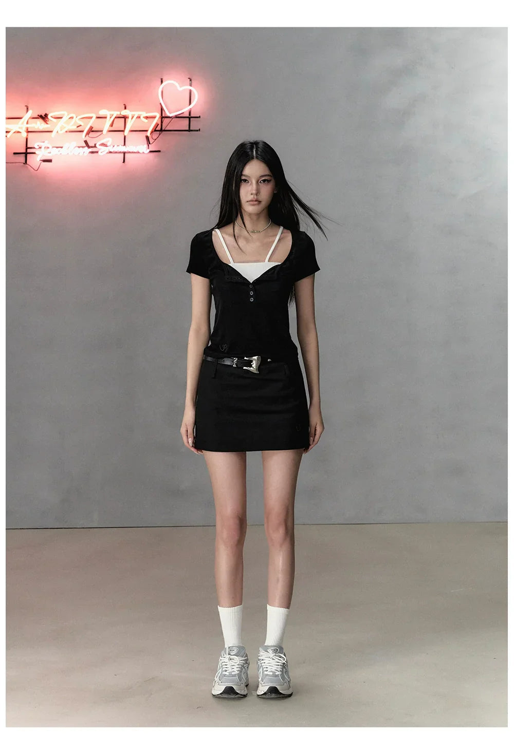Black &amp; Grey Henley Collar Embroidered T-Shirt