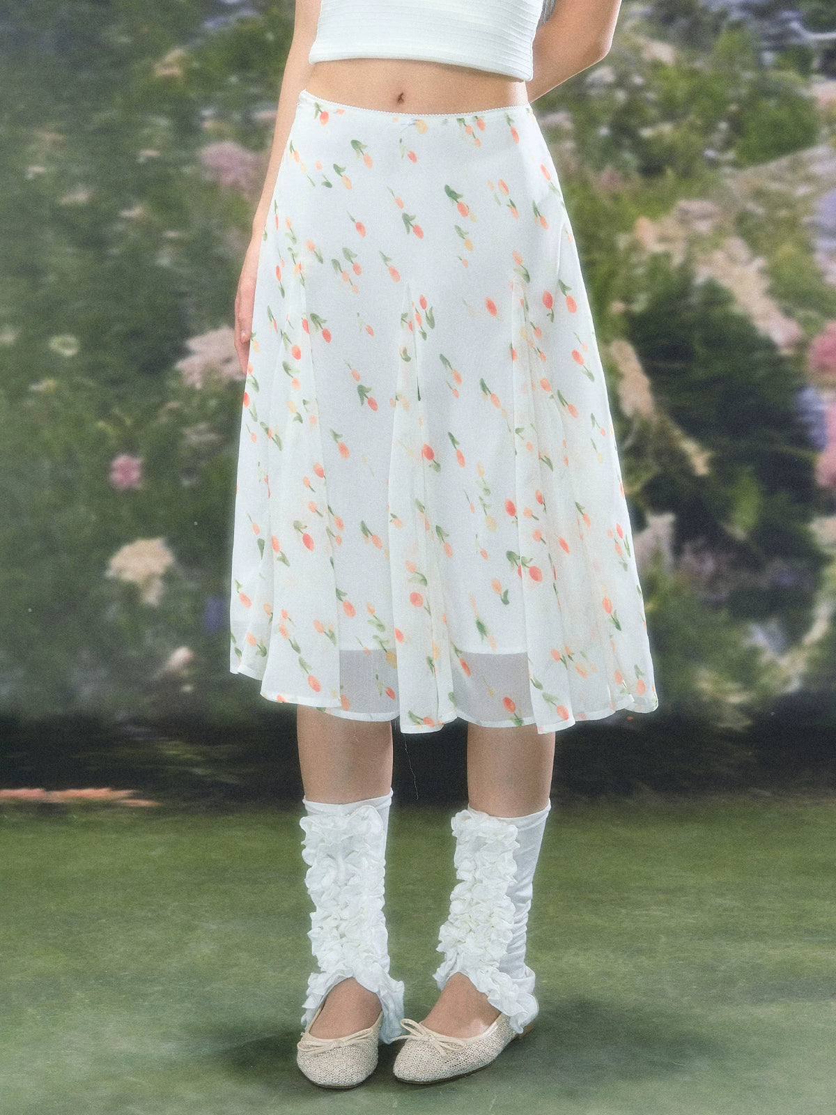 French Floral Chiffon Midi Skirt