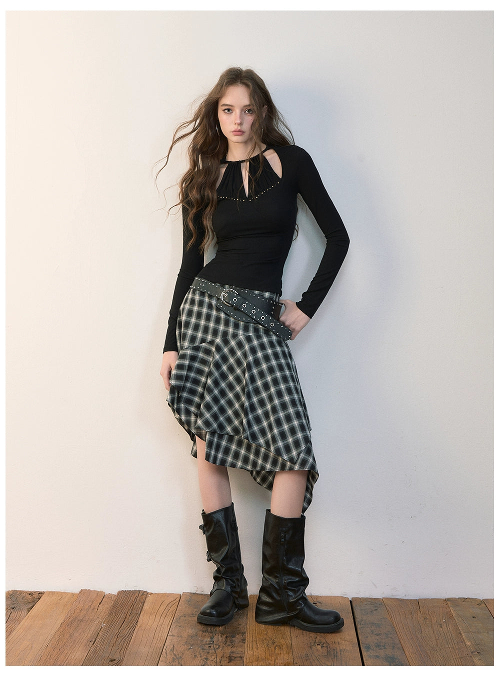 Asymmetric Plaid Midi Skirt