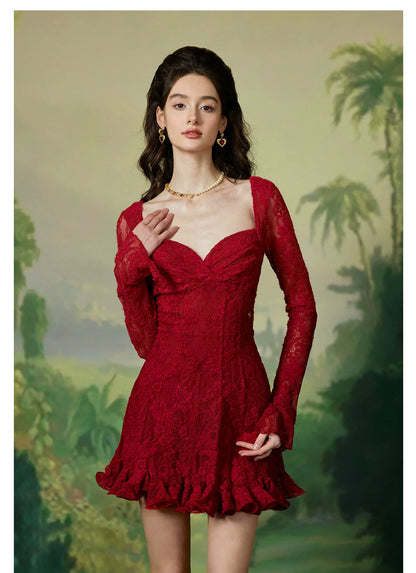 Laura Lace Waist-Cinched Long Sleeve Dress