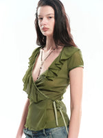 Deep V Ruffle Tie Cardigan