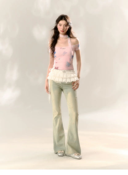 Red Polka Dot &amp; Pink Butterfly Mesh One-shoulder T-shirt