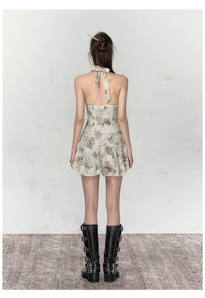 Apricot &amp; Light Green Printed Halter Dress