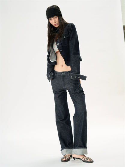 Original Denim Short Stand Collar Cinched Jacket Set