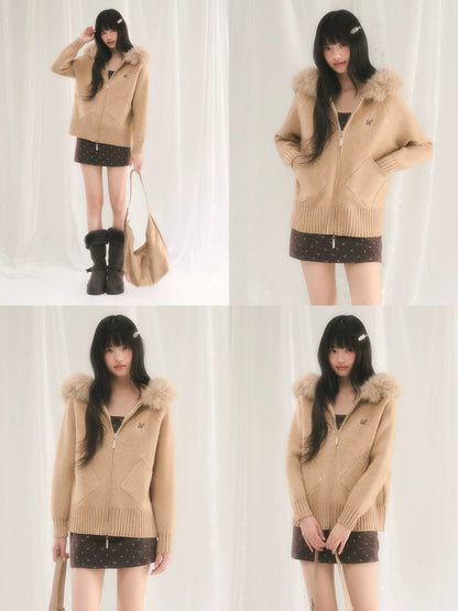 Detachable Fur Collar Knit Cardigan