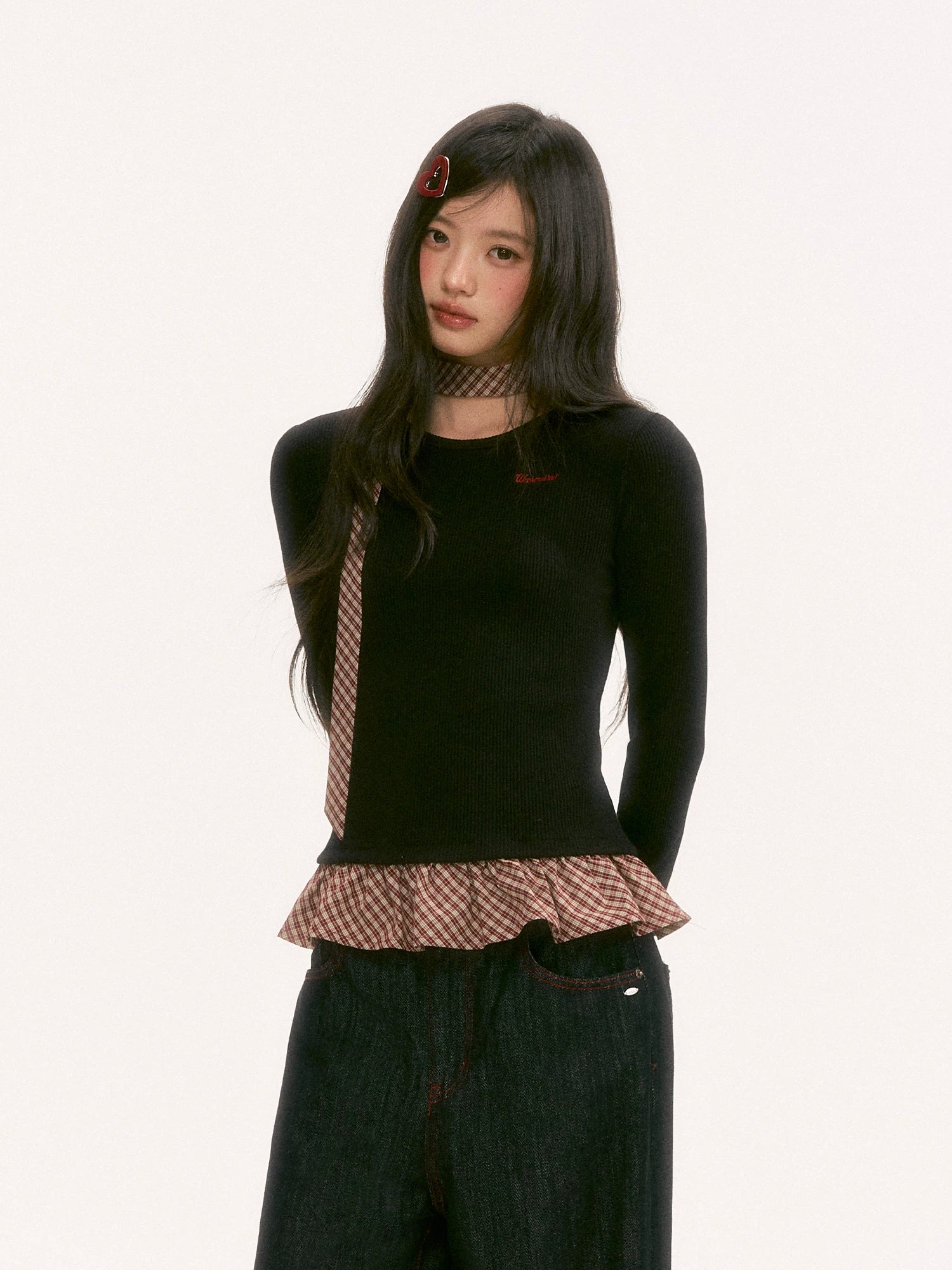 Black Plaid Ruffle Long-Sleeve Top