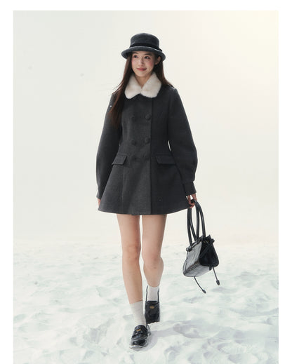 Double-Breasted Fur-Collar Coat Set
