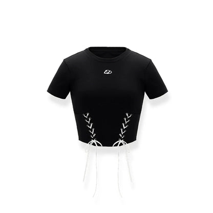 Color-Blocked Belted Straight-Shoulder Short Sleeve Top