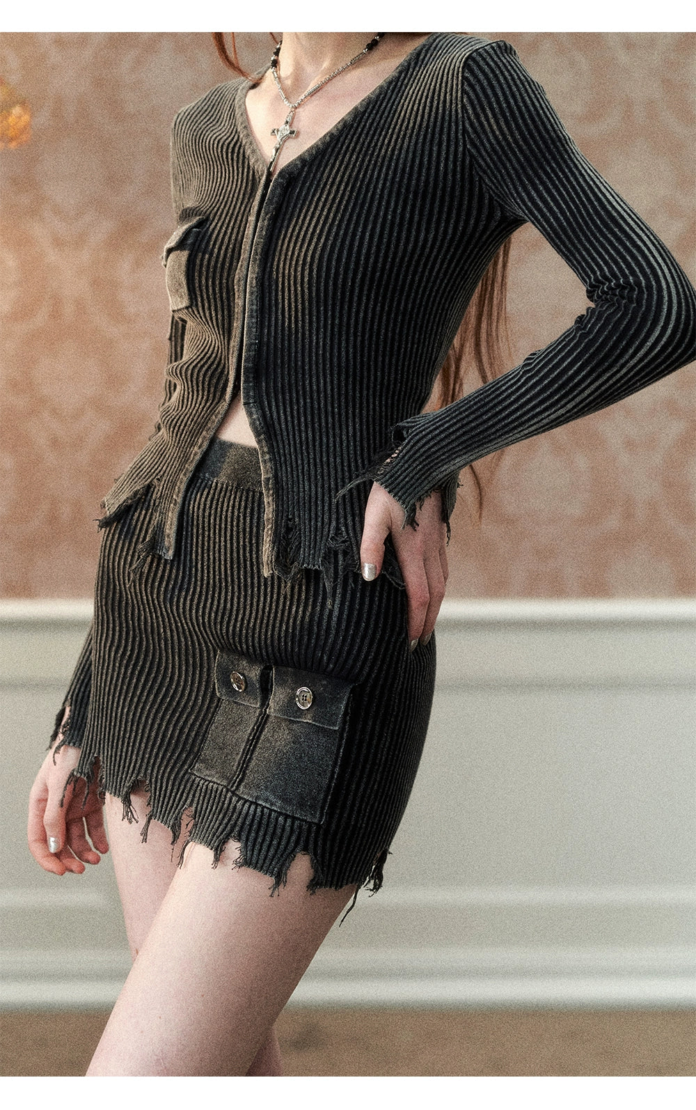 Gray Distressed Knitted Cardigan &amp; Skirt Set