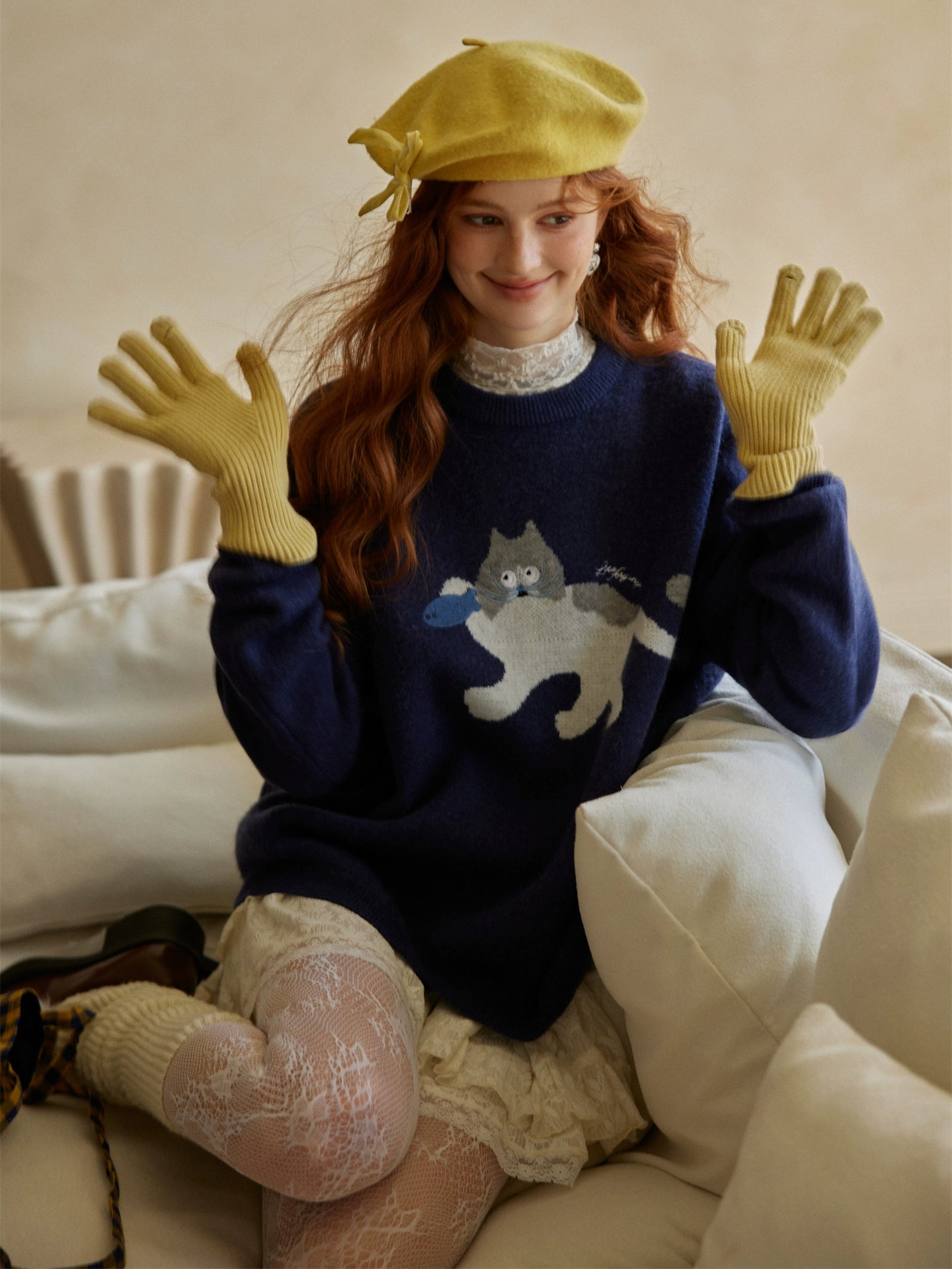 Cat Embroidery Jacquard Knit Sweater