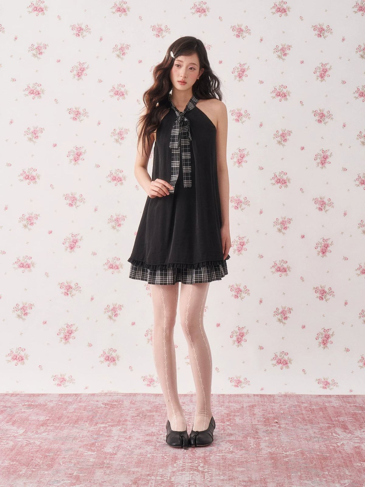 Black Ruffle Plaid Halter Dress
