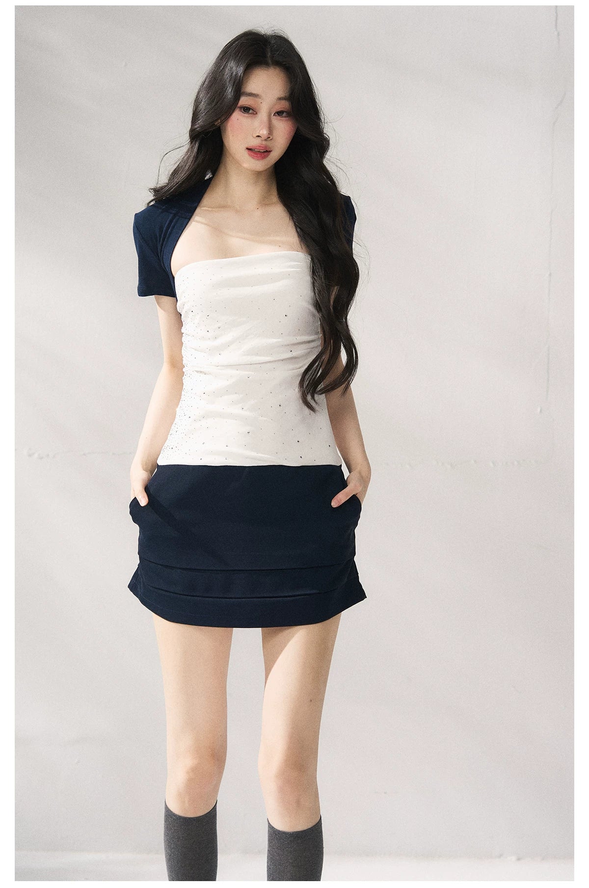 Navy Blue Cropped Shrug &amp; Dress Set