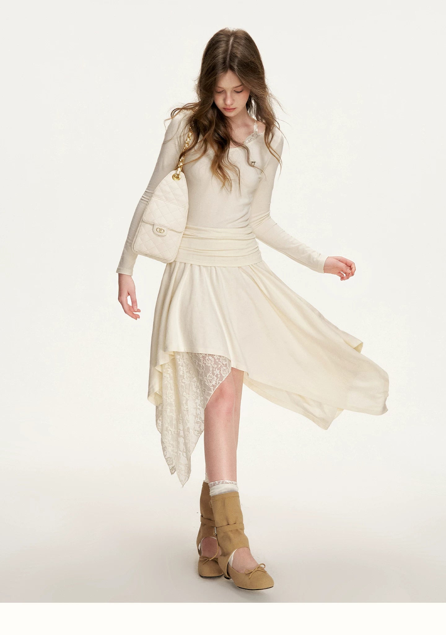 Apricot Lace Ruched Dress