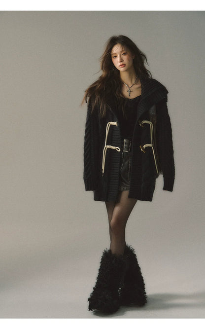 Khaki &amp; Black Horn Button Knit Cardigan