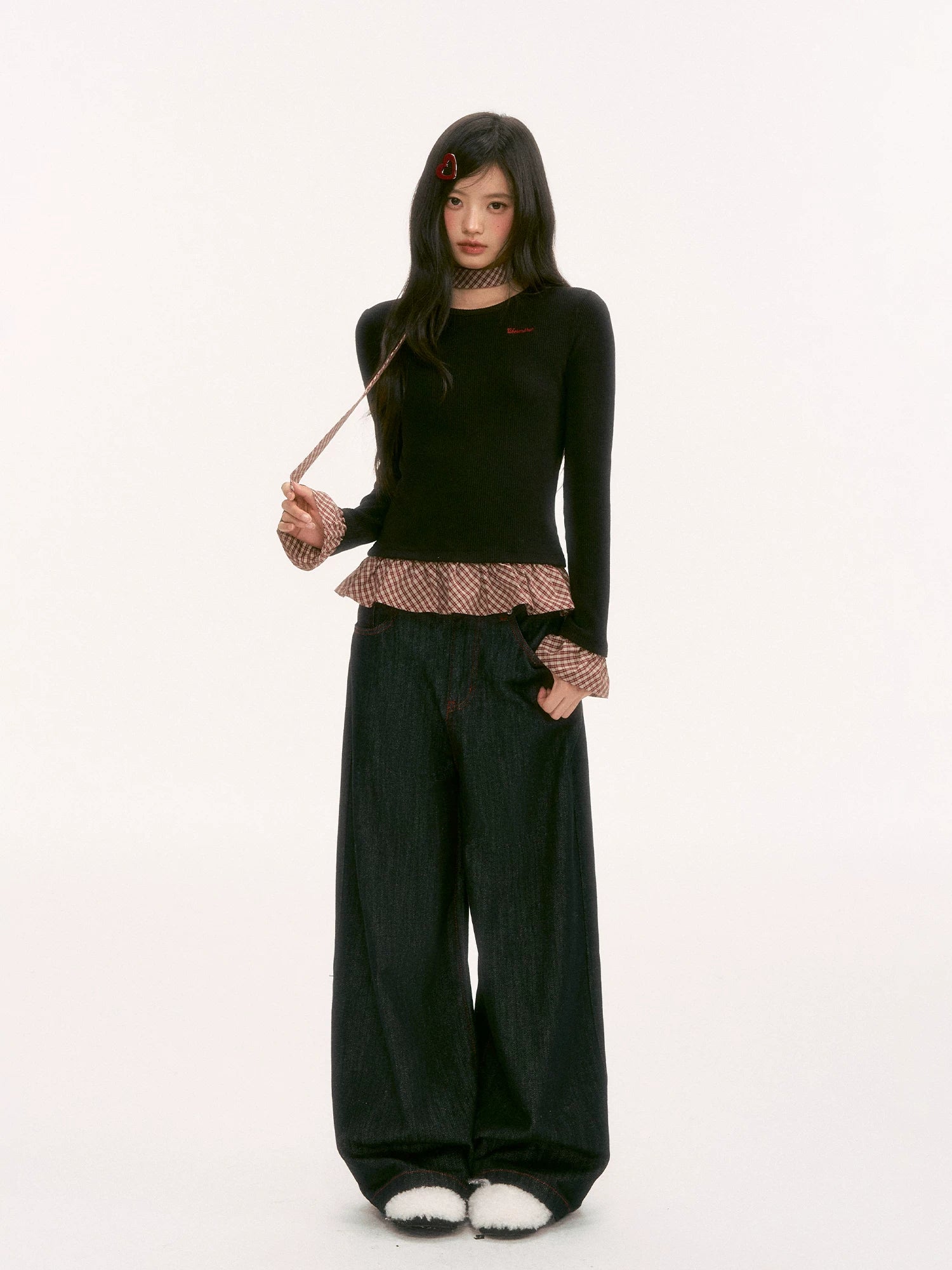 Black Plaid Ruffle Long-Sleeve Top