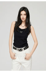 White & Black Butterfly Printed U-neck Tank Top