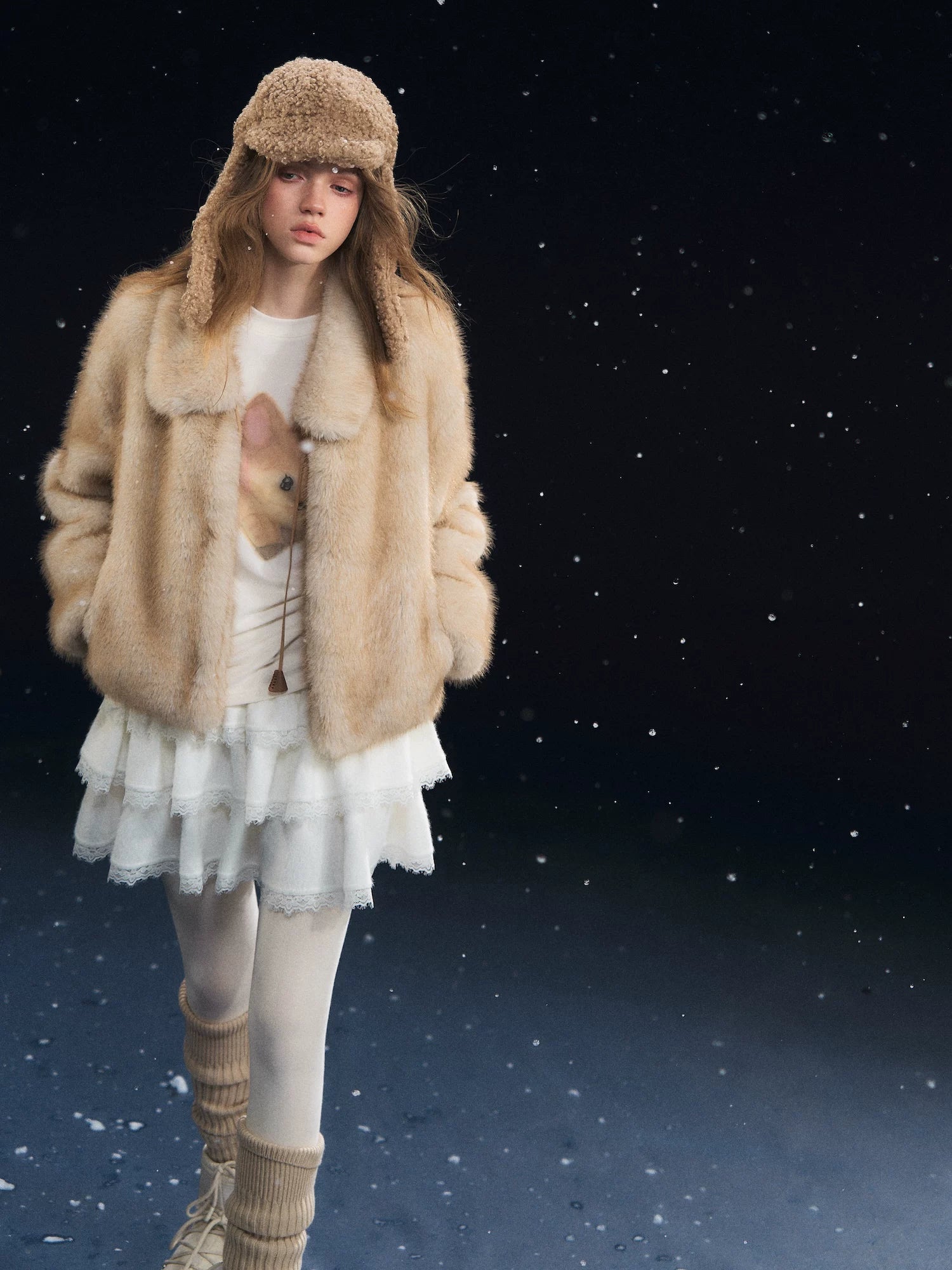 Beige Tie Collar Fleece Coat