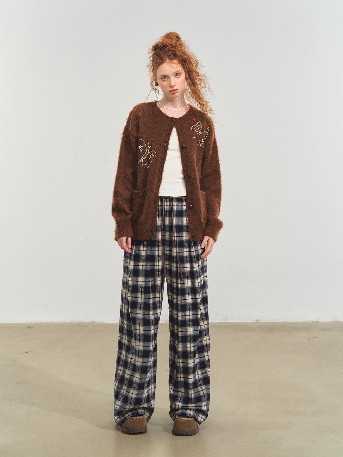 Blue Relaxed Plaid Wide-Leg Pants