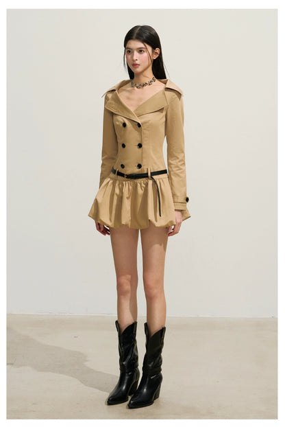 Trench-Style Double-Breasted Waist-Defined Dress