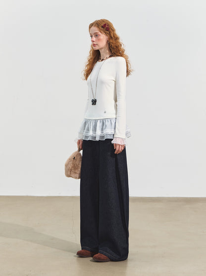 Double-layer Ruffle Raglan Fleece Top