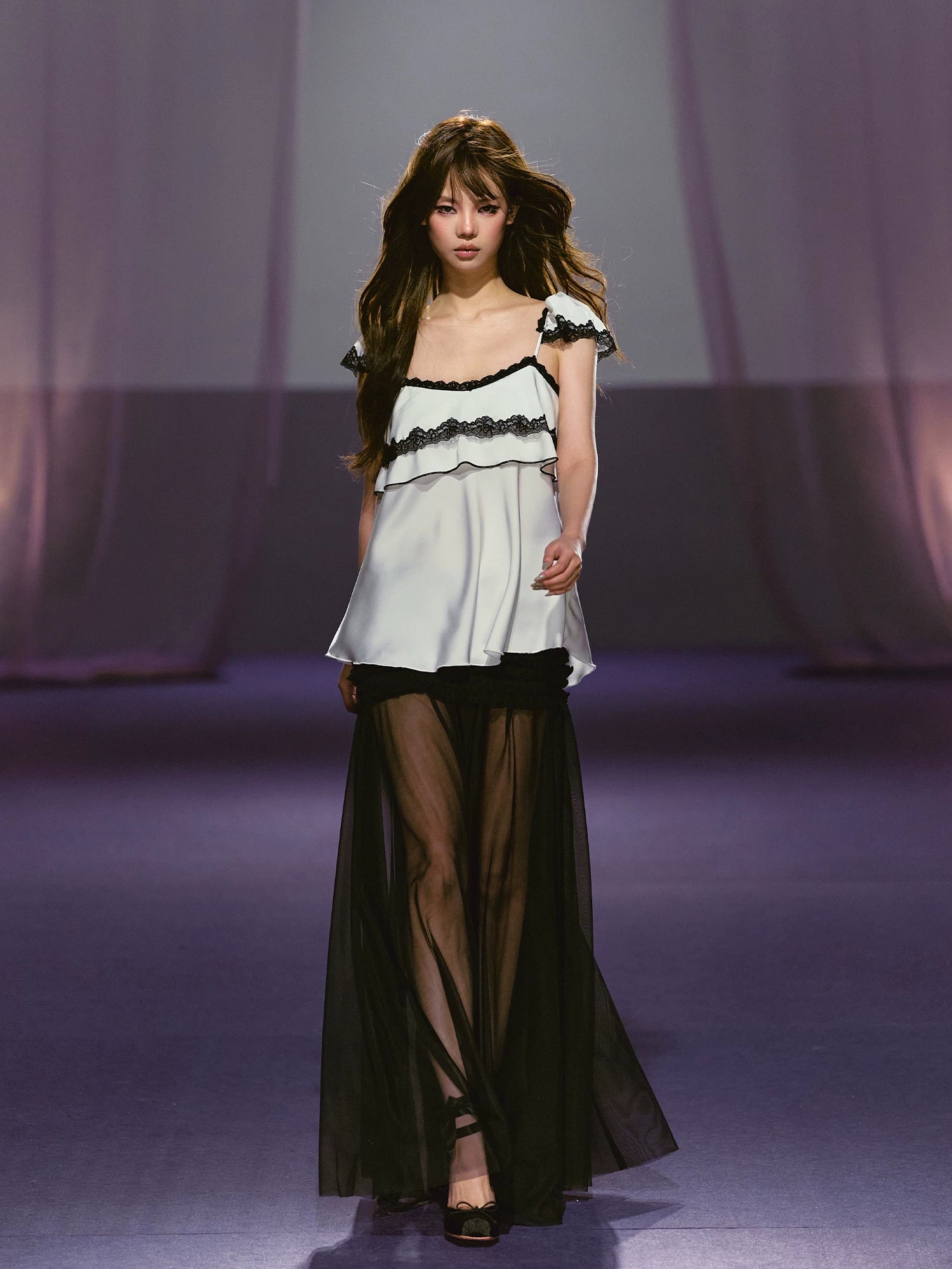 Pleated Mesh Maxi Skirt