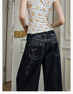 Embroidered Curved Wide-Leg Jeans