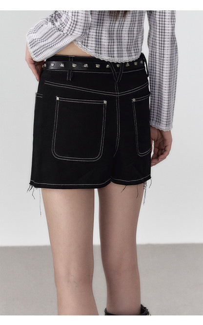 Black Denim 2-in-1 Studded Frayed Mini Skirt